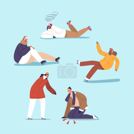 Illustration for Ice Rink Incidents with Male and Female Characters. Distressed Men and Women Slip On The Ice, People Lose Balance, Capturing Moment Of Unexpected Mishap And Vulnerability. Cartoon Vector Illustration - Royalty Free Image