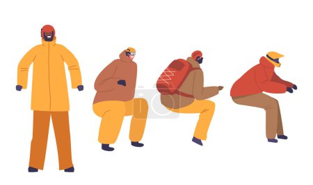 Ilustración de Personajes masculinos en traje de conducción de motos de nieve. Chaqueta impermeable aislada, pantalones térmicos, guantes calientes, botas de nieve para un viaje cómodo y seguro en condiciones invernales. Dibujos animados Gente Vector Ilustración - Imagen libre de derechos