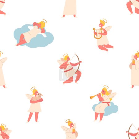 Illustration for Charming Seamless Pattern Featuring Adorable Angels Heavenly Characters With Delicate Wings, Sweet Smiles, Relax On Clouds, Play Music And Shoot With Bow. Cartoon Vector Illustration, Tile Background - Royalty Free Image