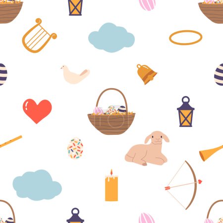 Illustration for Seamless Pattern with Beautiful Angelic Items. Dove, Clouds, Harp, Basket with Easter Eggs, Lantern, Candle, Bell, Bow with Arrow, Lamb and Heart with Trumpet. Cartoon Vector Tile Background - Royalty Free Image