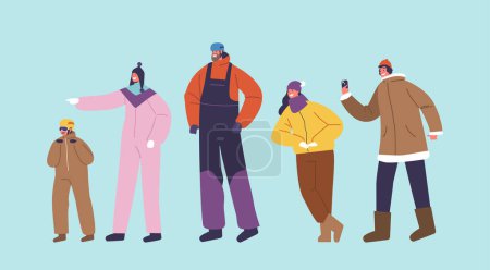 Illustration for Characters Bundled Up In Cozy Layers. People In Winter Clothes Brave The Cold With Scarves, Mittens And Puffy Jackets Ready for Wintertime Activities, Sport and Recreation. Cartoon Vector Illustration - Royalty Free Image