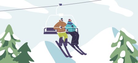 Téléchargez les illustrations : Couple skieurs, emballés dans l'équipement, monter une montagne enneigée sur un téléski, anticipant avidement leur aventure en descente. Heureux personnages masculins et féminins sur Cableway. Illustration vectorielle des personnages de bande dessinée - en licence libre de droit