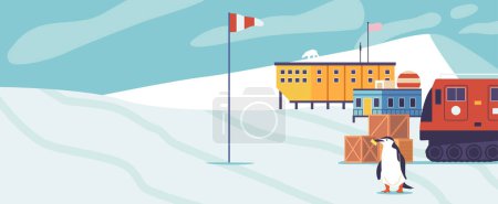 Ilustración de Estación Científica Polar. Centro de investigación remota en regiones polares, dedicado al estudio del clima, la vida silvestre y la geología en condiciones extremas. Paisaje vectorial de dibujos animados con nieve, pingüino y vivienda - Imagen libre de derechos