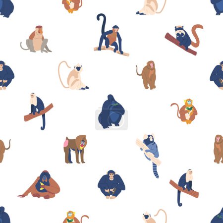 Illustration for Seamless Pattern With Playful Monkeys, Creating A Charming And Whimsical Design with Apes Spices Adds A Touch Of Cheerfulness And Energy to Ornament. Cartoon Vector Illustration, Tile Background - Royalty Free Image
