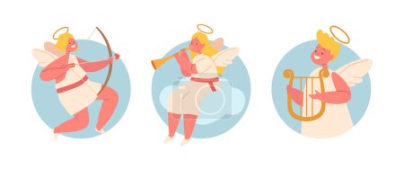 Illustration for Isolated Round Icons or Avatars with Cherubic Angels with Harp, Bow and Trumpet. Innocent Heavenly Cupid Characters Radiate Warmth, Embodies The Pure Magic Of Serenity. Cartoon Vector Illustration - Royalty Free Image