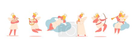 Illustration for Cute Angels With Cherubic Smiles, Spreading Joy And Sweetness. Their Innocence Lights Up The World, Creating A Heavenly Atmosphere. Characters with Harp, Lamb, Bow, Candle. Cartoon Vector Illustration - Royalty Free Image