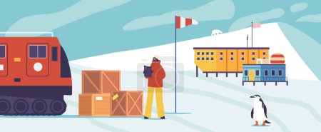 Ilustración de Concepto de Investigación Científica Polar. Happy Explorer cargando cajas de madera en el vehículo Atv en la estación científica. Paisaje Antártico con Pingüinos y Viviendas. Dibujos animados Gente Vector Ilustración - Imagen libre de derechos