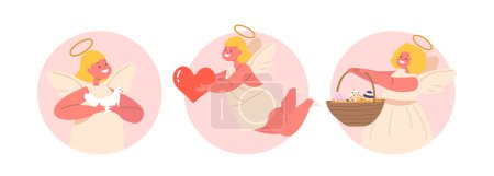 Ilustración de Iconos redondos aislados o avatares con ángeles querubines paloma de cuna, corazón y cesta con huevos de Pascua con gracia celestial. Su inocencia irradia calor y alegría. Dibujos animados Gente Vector Ilustración - Imagen libre de derechos