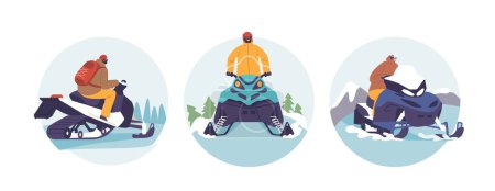 Téléchargez les illustrations : Icônes rondes ou avatars isolés avec personnages de motoneige, revêtus d'un équipement isolé, vitesses à travers des paysages enneigés, direction avec précision et embrasser l'aventure hivernale exaltante - en licence libre de droit