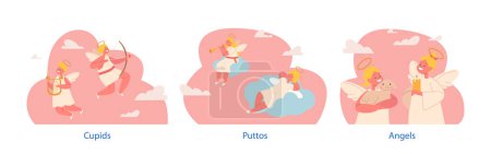 Illustration for Isolated Elements with Putti, Baby Angels and Cherubs, Chubby Child Characters. Little Deity Depicted on Heaven with Lamb, Candles, Bow, Harp and Trumpet in Hands. Cartoon People Vector Illustration - Royalty Free Image