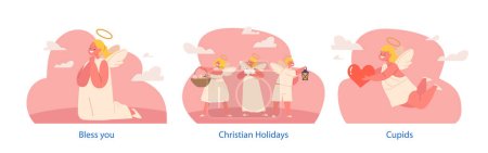 Illustration for Isolated Elements with Cupids, Baby Angels and Cherubic Characters, Little Chubby Children Deities on Heaven with Heart, Easter Eggs, Lantern and Candle in Hands. Cartoon People Vector Illustration - Royalty Free Image