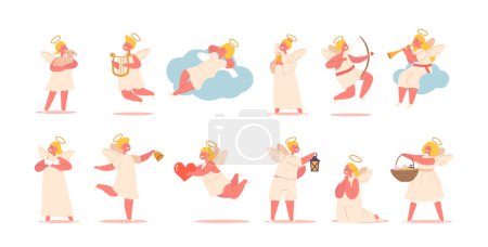 Illustration for Cute Angels Heavenly Beings With Cherubic Smiles And Kind Hearts. Their Innocence And Beauty Radiate Warmth And Comfort, Cartoon Baby Cherub Characters with Religious Items. Vector Illustration, Set - Royalty Free Image