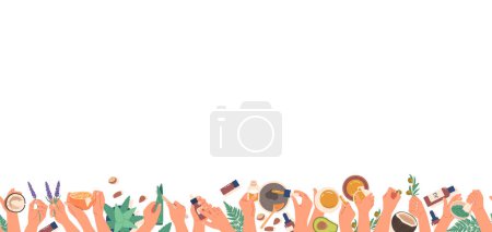 Illustration for Seamless Pattern Featuring Hands Crafting Natural Oils. Horizontal Border Capturing The Essence Of Wellness, Blending Botanicals With Care In A Beautiful, Repeating Motif. Cartoon Vector Wallpaper - Royalty Free Image