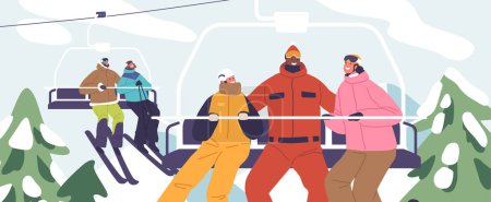 Ilustración de Esquiadores de todas las edades, empaquetado en equipo colorido, montar el telesilla a la cima de la montaña, ansiosos por aventuras nevadas. Adultos y niños disfrutando de vacaciones de invierno en el Resort. Dibujos animados Gente Vector Ilustración - Imagen libre de derechos