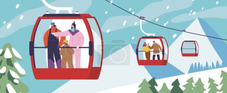 Ilustración de Los personajes de los pasajeros disfrutan de impresionantes vistas desde un teleférico suspendido muy arriba, capturando la emoción y la maravilla de su viaje a través de los cielos. Dibujos animados Gente Vector Ilustración - Imagen libre de derechos