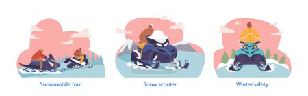 Illustration for Isolated Vector Elements With Snowmobile Drivers, Fearless Navigators Of Winter Wonderlands, Expertly Carve Through Snow-covered Terrain, Chasing The Thrill Of Icy Adventures. Vector Illustration - Royalty Free Image