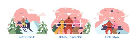 Téléchargez les illustrations : Des éléments isolés avec des personnages de skieurs sur le chemin de fer à câble montent des sommets enneigés, bavardent et admirent les vues panoramiques sur la montagne tout en anticipant leur descente exaltante. Illustration vectorielle - en licence libre de droit
