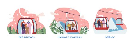Téléchargez les illustrations : Éléments isolés avec des personnages dans un téléphérique Profitez d'une vue à couper le souffle, captivés par la beauté panoramique de la station de ski, les gens passent des vacances d'hiver dans les montagnes. Illustration vectorielle de bande dessinée - en licence libre de droit