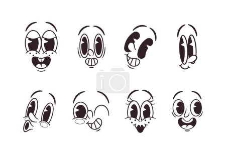Ilustración de Classic Retro Emoji Black and White Set captura la esencia de los emoticonos vintage. Personajes de dibujos animados simples llenos de encanto expresivo, un retroceso al pasado digital. Ilustración vectorial monocromática - Imagen libre de derechos