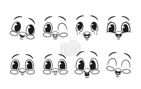 Téléchargez les illustrations : Ensemble Emoji noir et blanc rétro. Charmante collection d'émoticônes classiques. Personnages adorables de bande dessinée clin d'oeil, sourire, rire avec une touche vintage. Icônes nostalgiques monochromes. Illustration vectorielle - en licence libre de droit