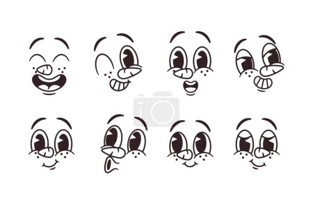 Ilustración de Set Retro Emoji en Blanco y Negro. Encantadora colección de clásicos emoticonos vintage iconos nostálgicos monocromáticos. Personajes adorables de dibujos animados guiñan los ojos, sonríen, ríen y silban. Ilustración vectorial - Imagen libre de derechos