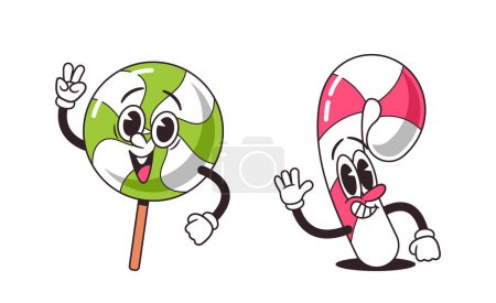 Ilustración de Los personajes de dibujos animados de piruleta y bastón de caramelo de estilo retro exudan un encanto nostálgico con sus vibrantes rayas y dulces sonrisas, brindando un encantador toque vintage a cualquier ocasión. Ilustración vectorial - Imagen libre de derechos