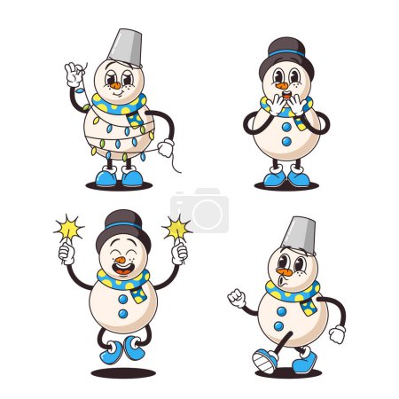 Illustration for Cartoon Snowmen Characters In Retro Style wear Classic Top Hats, Buckets, Coal Eyes, Carrot Noses, And Knitted Scarves, Personages Evoking A Bygone Era With Warmth And Nostalgia. Vector Illustration - Royalty Free Image