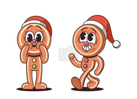 Illustration for Retro-style Christmas Gingerbread Man Character. Timeless Delight With A Warm Smile, Santa Claus Hat And Classic Charm, He Brings A Touch Of Nostalgia To Holiday Decor. Cartoon Vector Illustration - Royalty Free Image