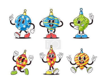 Illustration for Funny Retro Cartoon Christmas Tree Toy Characters In Trendy Groovy Style. Cute Funny Baubles In Various Poses. 60s or 70s Vibes Collection. Merry Xmas or Happy New Year Personages. Vector Illustration - Royalty Free Image