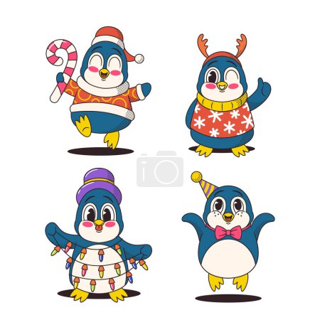 Illustration for Adorable Christmas Penguin Characters With Rosy Cheeks, Santa or Top Hats, And Scarves, Spreading Holiday Cheer With Cute Smiles. Cartoon Personages with Candy Cane and Garland. Vector Illustration - Royalty Free Image