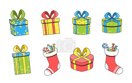 Illustration for Christmas Vintage Gifts Set. Explore A Yuletide Wonderland Of Timeless Treasures. Embrace The Magic Of Nostalgia With Retro-inspired Presents For A Truly Classic Holiday. Cartoon Vector Illustration - Royalty Free Image