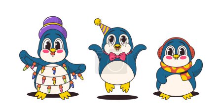 Illustration for Adorable Christmas Penguin Characters, With Rosy Cheeks, Festive Scarves, hats and Garlands, Bring Warmth And Cheer To The Holiday Season, Spreading Joy And Cute Smiles. Cartoon Vector Illustration - Royalty Free Image
