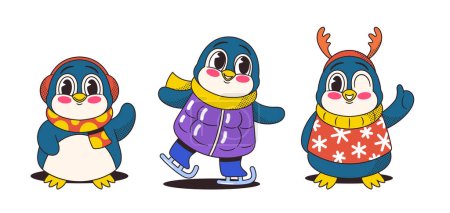 Illustration for Christmas Retro Style Penguins Characters Exude Timeless Charm. Cute Baby Birds Wearing Deer Horns, Headphones, Skating on Ice Rink, Oozing Vintage Coolness. Cartoon Vector Personages Illustration - Royalty Free Image