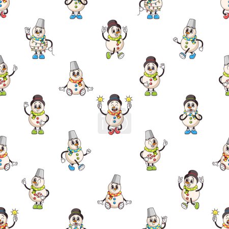 Illustration for Delightful Seamless Pattern Featuring Charming Retro Snowman Characters, Evoking Nostalgia And Holiday Cheer. Perfect For A Cozy Winter Atmosphere. Cartoon Vector Illustration, Tile Background - Royalty Free Image