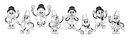Téléchargez les illustrations : Personnages de bonhommes de neige de bande dessinée noir et blanc dans le style rétro. Personnages d'hiver avec nez de carotte, yeux de charbon et foulards à l'ancienne. Figures monochromes Célébrez les fêtes nostalgiques. Illustration vectorielle - en licence libre de droit