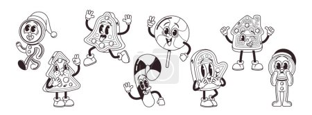 Illustration for Black and White Retro Christmas Sweets Cartoon Characters. Nostalgic Gingerbread Man, Candy Cane, And Lollipop In Vintage Style Spread Holiday Cheer. Isolated Monochrome Vector Illustration, Icons - Royalty Free Image