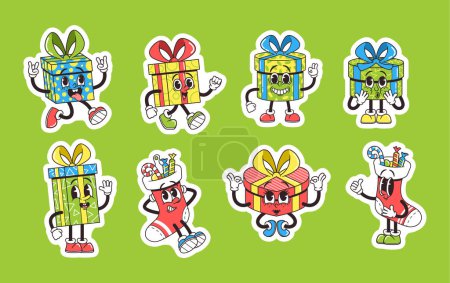 Illustration for Set of Stickers Retro Groovy Style Gift Box Characters Radiates Nostalgia And Funky Flair. Cartoon Presents Personages Wrapped in Colorful Papers, Express Fun Emotions. Vector Illustration, Patches - Royalty Free Image