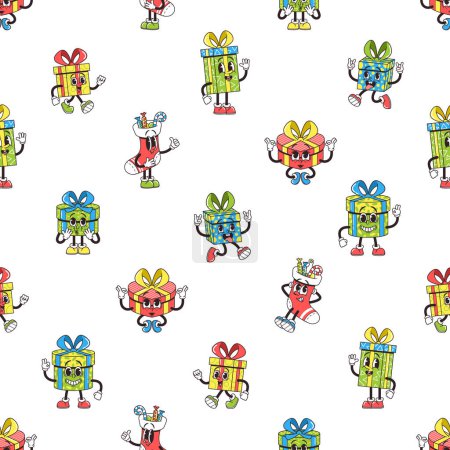 Illustration for Groovy Christmas Gifts Seamless Pattern Featuring Funky Characters, Vibrant Colors, And Retro Vibes To Make Your Holiday Season Extra Cool And Cheerful. Cartoon Vector Illustration, Tile Background - Royalty Free Image