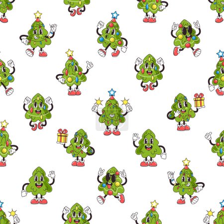 Illustration for Groovy Christmas Tree Characters Dancing In A Seamless Pattern, Spreading Holiday Cheer With A Retro Twist. A Funky Festive Vibe For The Season. Cartoon Vector Illustration, Wrapping Paper, Wallpaper - Royalty Free Image