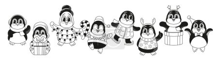 Ilustración de Navidad en blanco y negro pingüinos estilo retro. Lindos pájaros traen encanto vintage a las celebraciones festivas, difundiendo alegría y alegría. Conjunto de vectores monocromáticos de personajes divertidos, guirnaldas y regalos - Imagen libre de derechos
