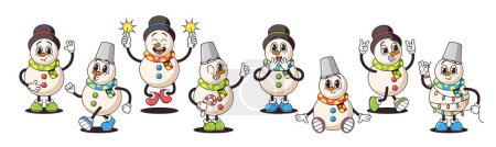 Illustration for Cartoon Snowmen Characters In Retro Style Exude Timeless Charm With Carrot Noses, Coal Eyes, And Old-fashioned Scarves. Whimsical Winter Figures Evoke Nostalgic Holiday Warmth. Vector Illustration - Royalty Free Image