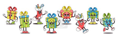 Illustration for Retro Groovy Style Gift Box Characters Radiates Nostalgia And Funky Flair. Unleash The 60s Vibe, Packed With Vintage Charm. Cartoon Presents Personages Wrapped in Colorful Papers. Vector Illustration - Royalty Free Image