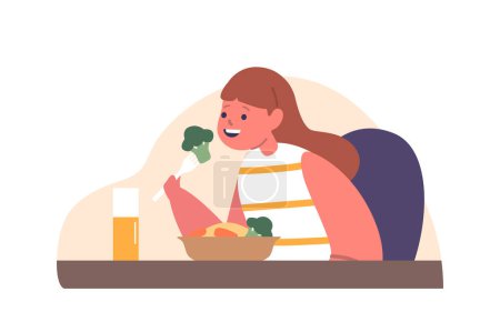 Illustration for Girl Character Enjoys Nutritious Dinner, Savoring Colorful Plate Of Fresh Vegetables, Protein, And Whole Grains. Her Healthy Meal Promotes Well-being And Vitality. Cartoon People Vector Illustration - Royalty Free Image