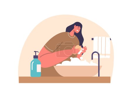 Illustration for Woman with Obsessive-compulsive Disorder, Ritualistically Washing Hands, Driven By Relentless Fear. Female Character Illustrate The Inner Struggle Of Managing Ocd. Cartoon People Vector Illustration - Royalty Free Image