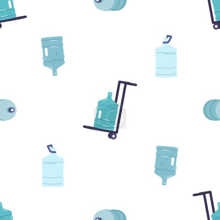 Illustration for Seamless Pattern Featuring Water Delivery Items. Tile Background with Water Bottles and Manual Trolleys. Aqua-themed Design Perfect For A Refreshing, Cartoon Vector Illustration, Wallpaper - Royalty Free Image