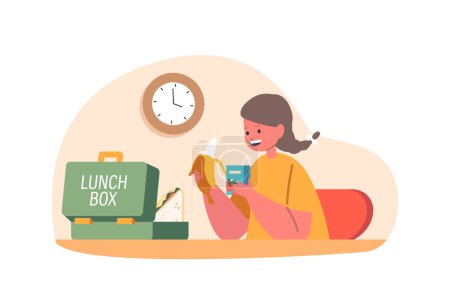 Illustration for Young Girl Character Enjoys A Wholesome Lunch Box Dinner Filled With Balanced Nutrition, Sandwich, Banana and Juice, Setting The Foundation For A Healthy Lifestyle. Cartoon People Vector Illustration - Royalty Free Image