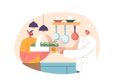 Ilustración de Dedicated Man Farmer Character ofrece Microgreens frescos y vibrantes al restaurante, asegurando una explosión de sabor y nutrición para las creaciones culinarias del chef. Dibujos animados Gente Vector Ilustración - Imagen libre de derechos