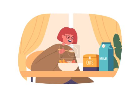 Ilustración de Chica joven personaje disfruta de un desayuno nutritivo, saboreando un tazón de cereal saludable cubierto de frutas frescas, abrazando un comienzo saludable para su día. Dibujos animados Gente Vector Ilustración - Imagen libre de derechos