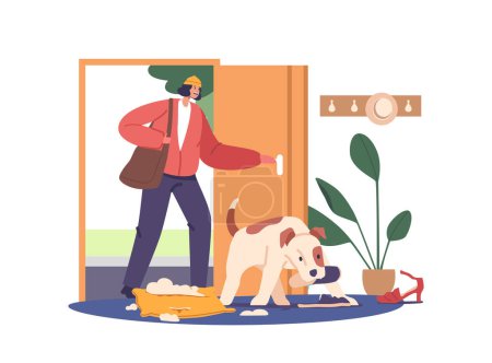 Illustration for Dog Separation Anxiety Is A Distressing Behavior Issue Where Dogs Exhibit Extreme Stress, Destructive Actions and Chewing When Left Alone, Due To The Fear Of Abandonment. Cartoon Vector Illustration - Royalty Free Image