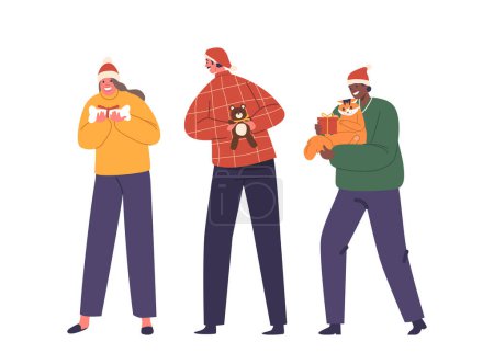 Ilustración de Personajes Elegir cariñosamente regalos festivos, desde juguetes hasta golosinas, para deleitar a sus amigos peludos durante la alegre temporada de vacaciones, haciendo que sus mascotas formen parte de la celebración de Navidad. Ilustración vectorial - Imagen libre de derechos